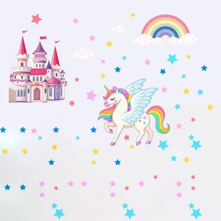 Vinilo Adhesivo Unicornio Magico Castillo Arcoiris Estrellas