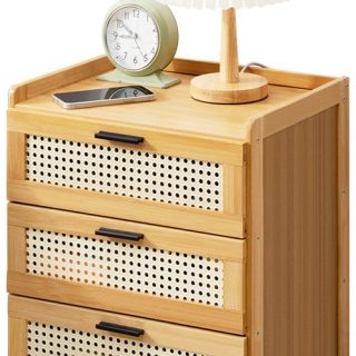 Mesa De Luz Con 3 Cajones Tipo Ratan Bamboo Dormitorio