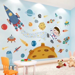 Vinilo Decorativo De Pared Astonauta Con Planetas Adhesivos