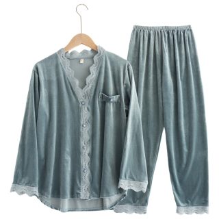 Pijama Terciopelo Para Dama De Invierno 2 Piezas Con Encaje