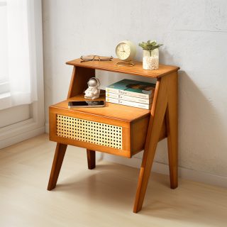 Mesa De Luz Cajon Dos Estantes Tipo Ratan Bamboo Dormitorio
