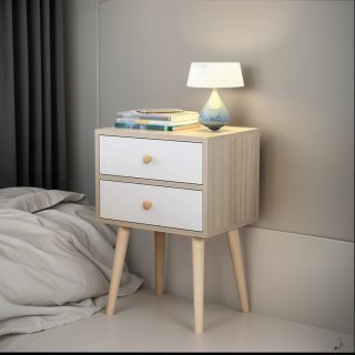 Mueble Mesa De Luz Alta 2 Cajones Patas Madera Dormitorio