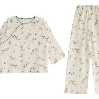 Pijama Mujer Largo 2 Piezas Floral Algodón Blusa Pantalón
